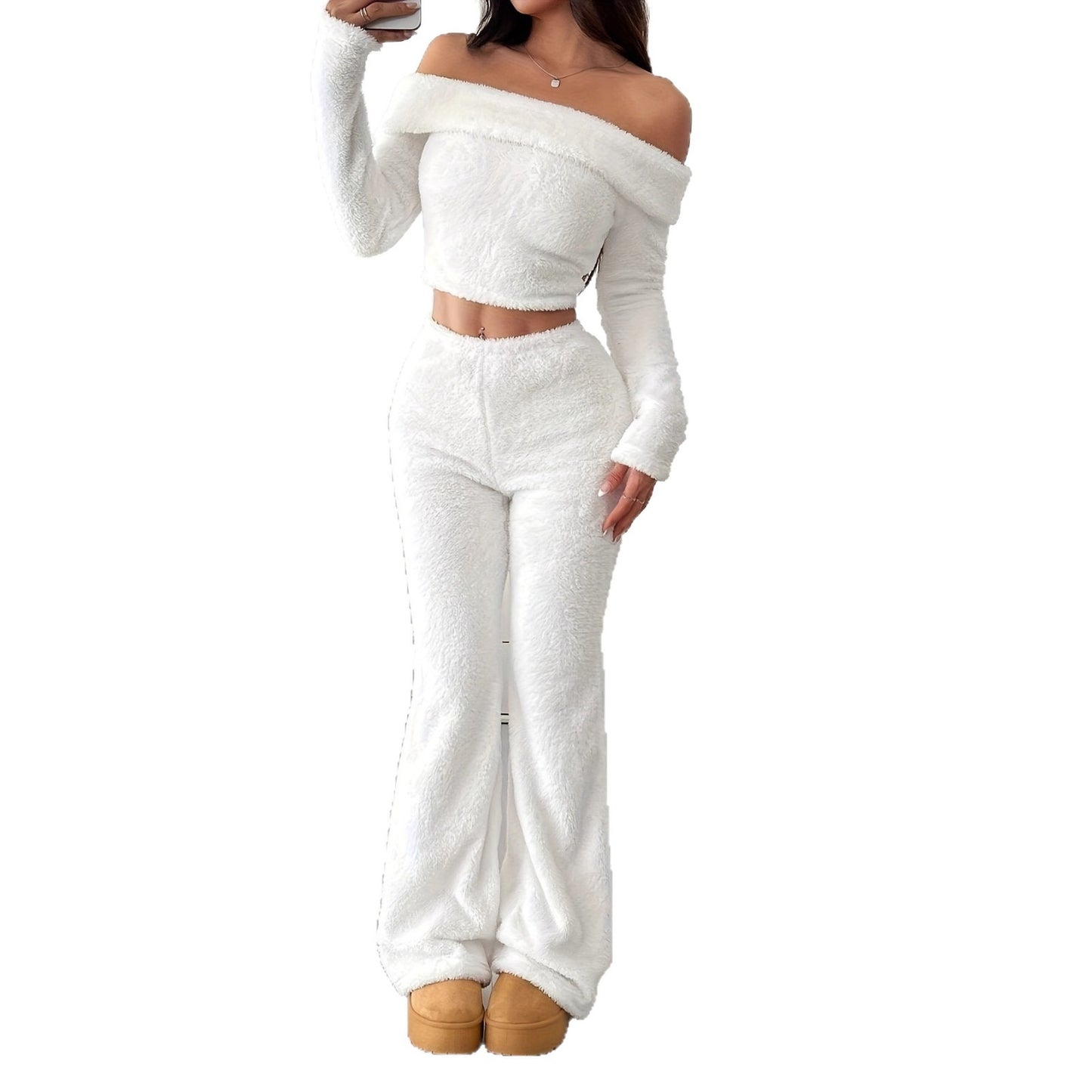 Casual Solid Color Women's Long Pants Sport Furry Pants Cuffed Pants Set