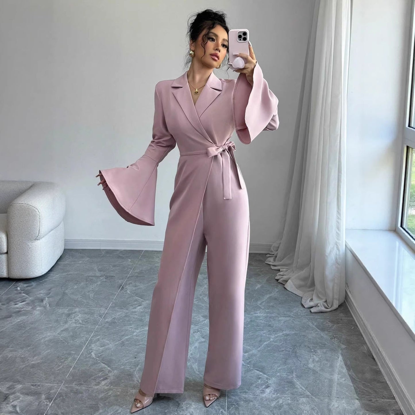 Elegant Solid-color Long-sleeve Flared-sleeve Wide-leg Jumpsuit