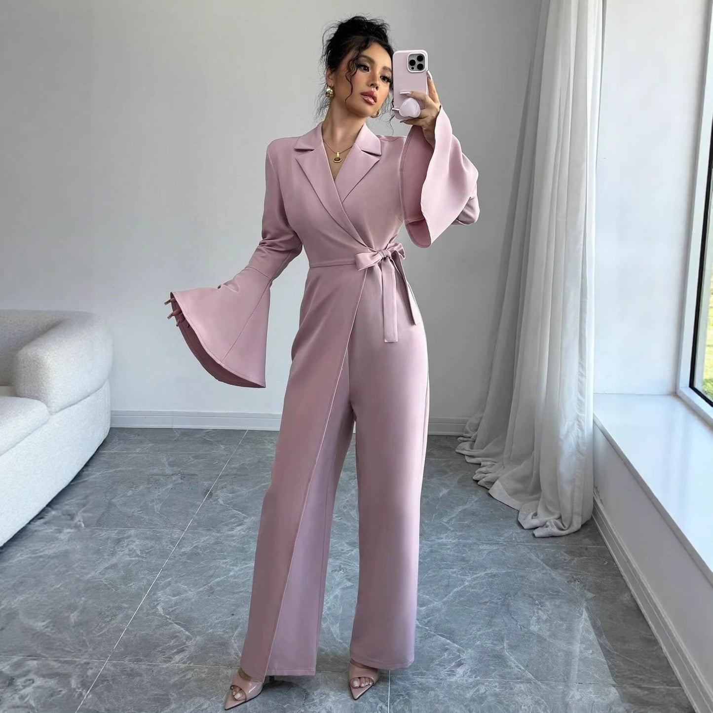 Elegant Solid-color Long-sleeve Flared-sleeve Wide-leg Jumpsuit