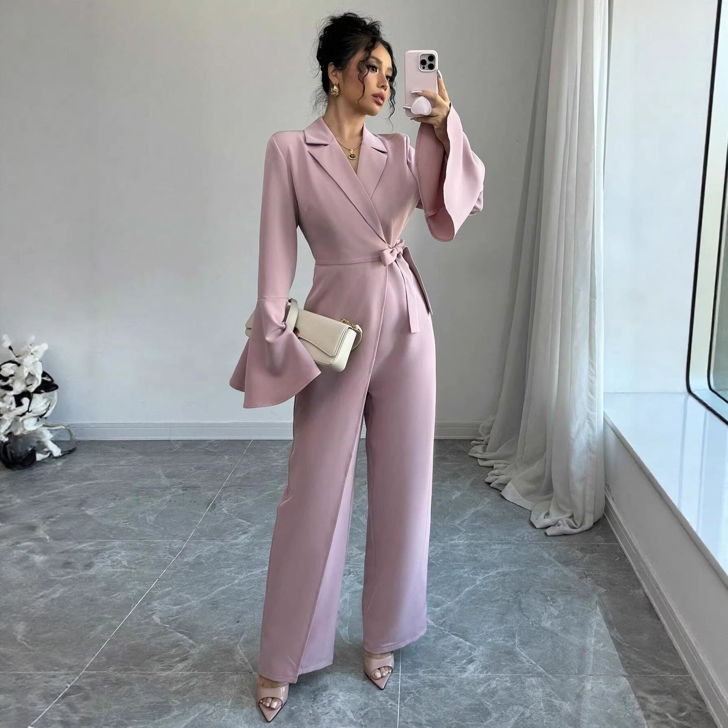 Elegant Solid-color Long-sleeve Flared-sleeve Wide-leg Jumpsuit